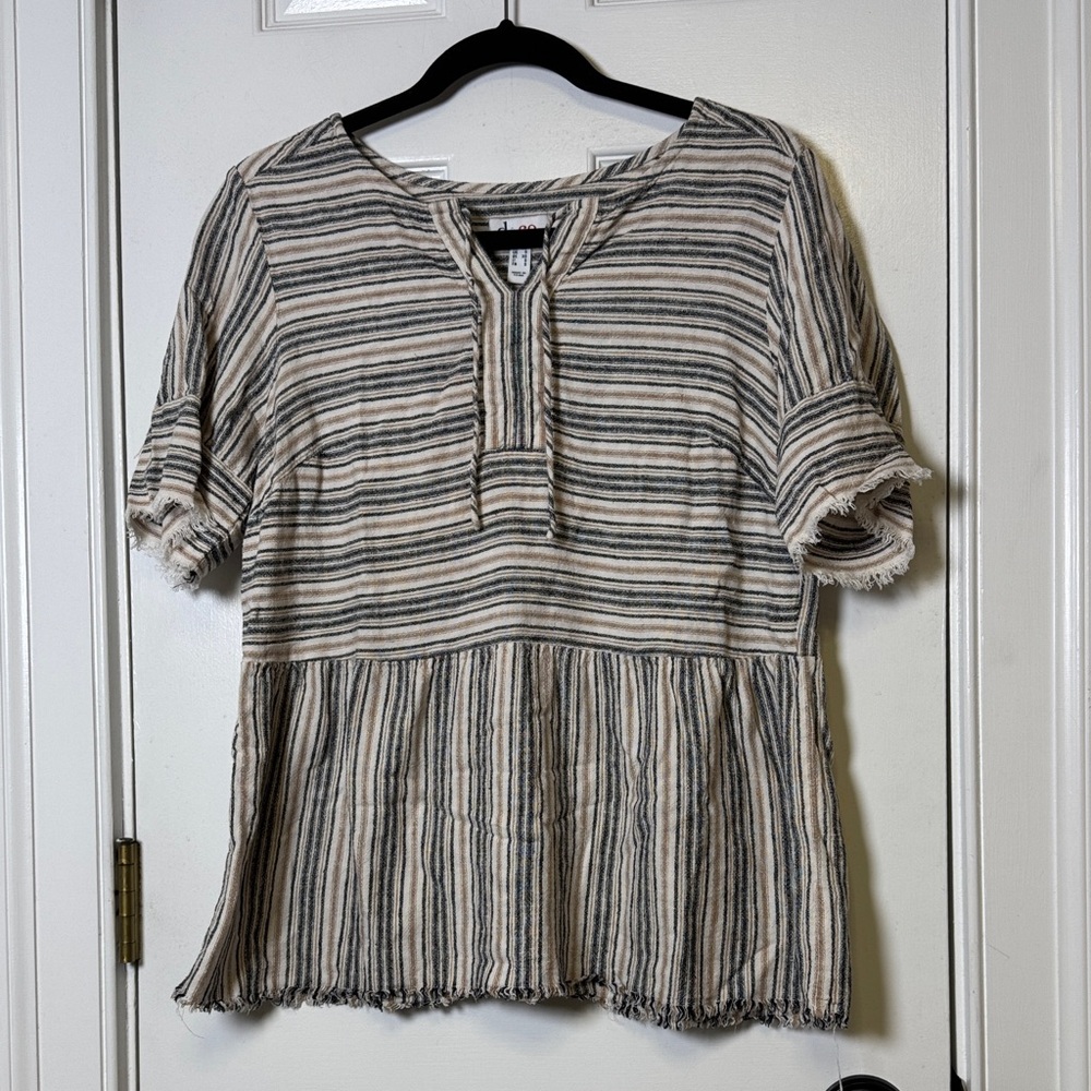 d&co Linen Blend Striped Peplum Top Short Sleeve Boho Casual XS